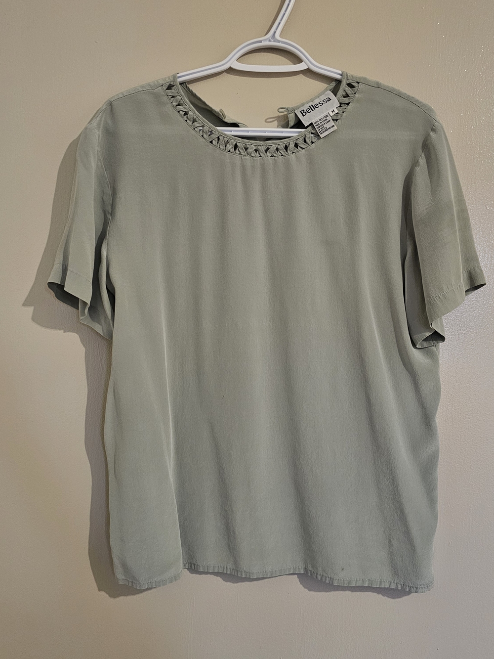Sage Green Short Sleeve Blouse with Braided Neckline
